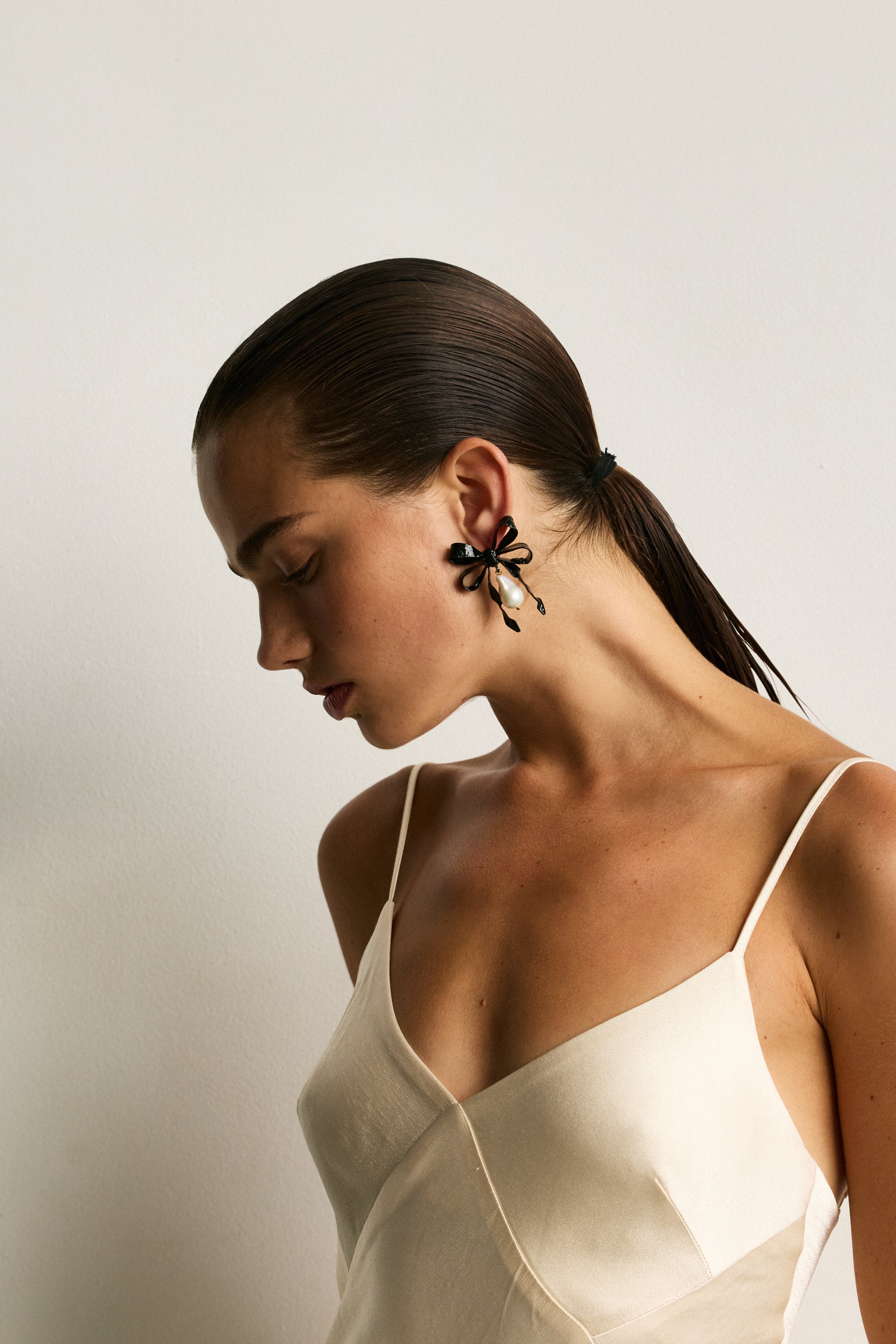 Luxury Designer Delina Black Bow Pearl Earrings Christie Nicolaides