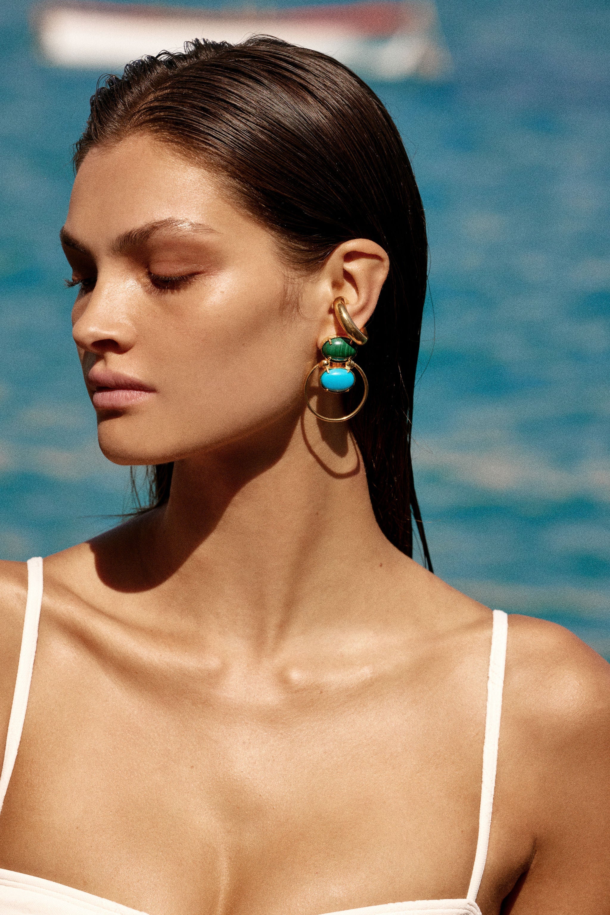 Christie Nicolaides Avertine statement earrings with green malachite and blue stones and baroque freshwater pearl, 24k gold plated