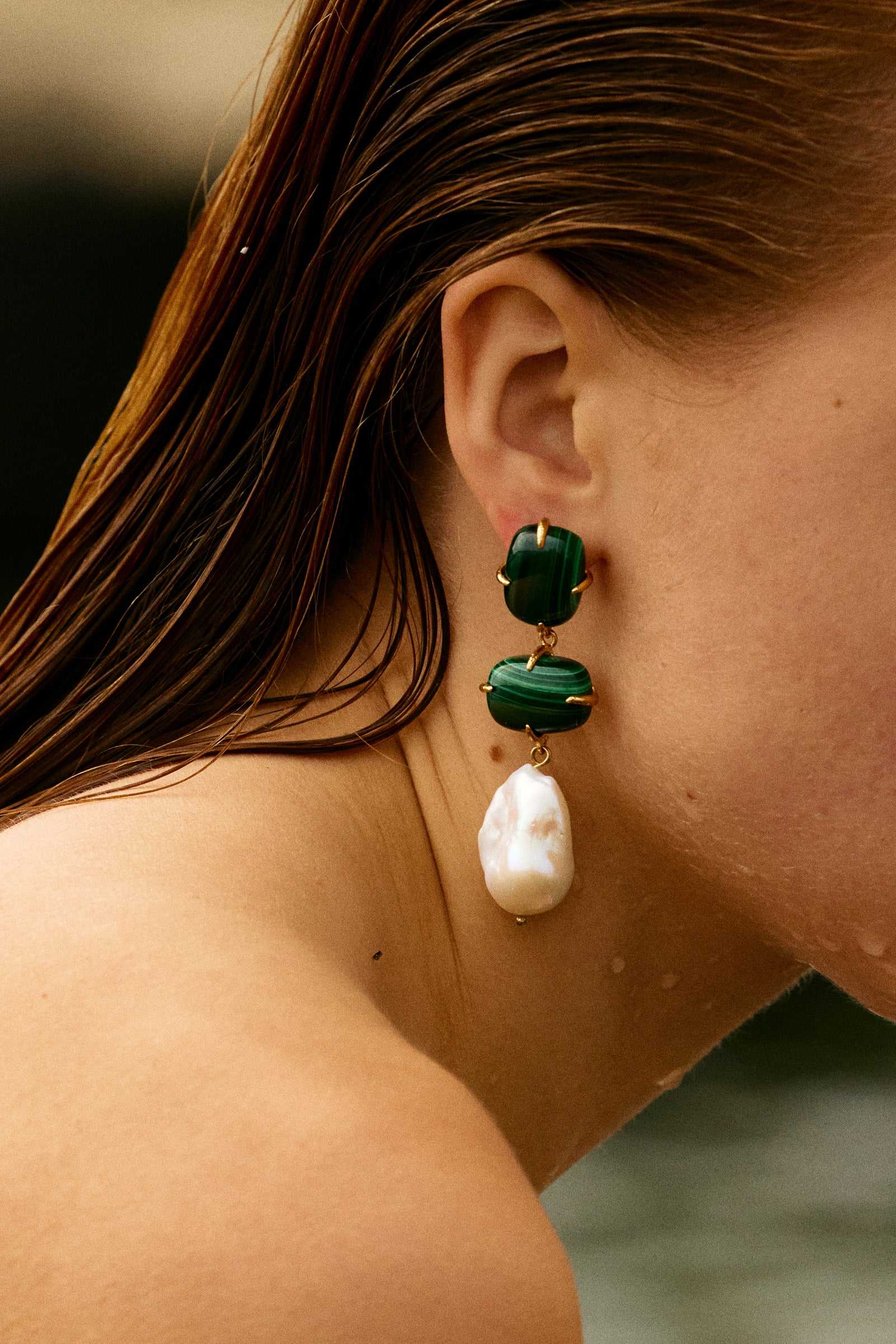 Luxury Designer Gia Green Pearl Earrings by Christie Nicolaides