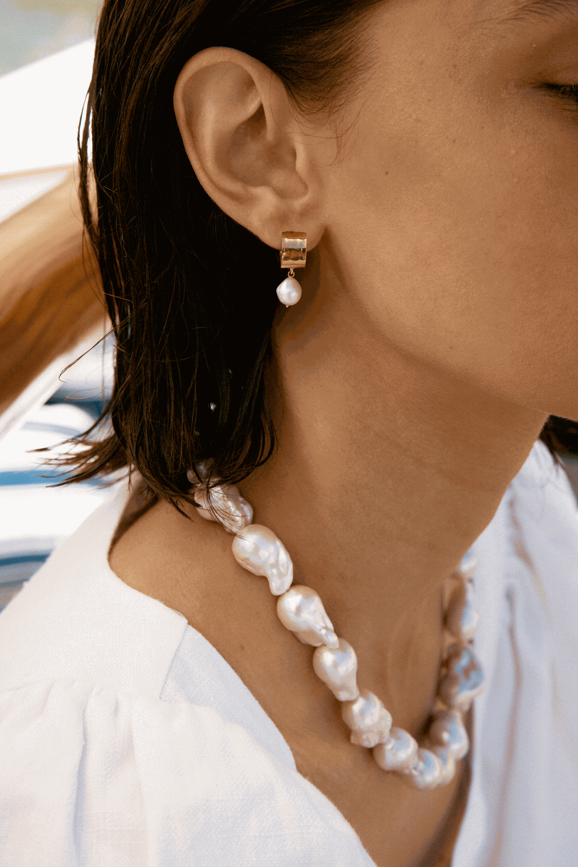 Luxury Designer Gold Pearl Ari Hoops by Christie Nicolaides