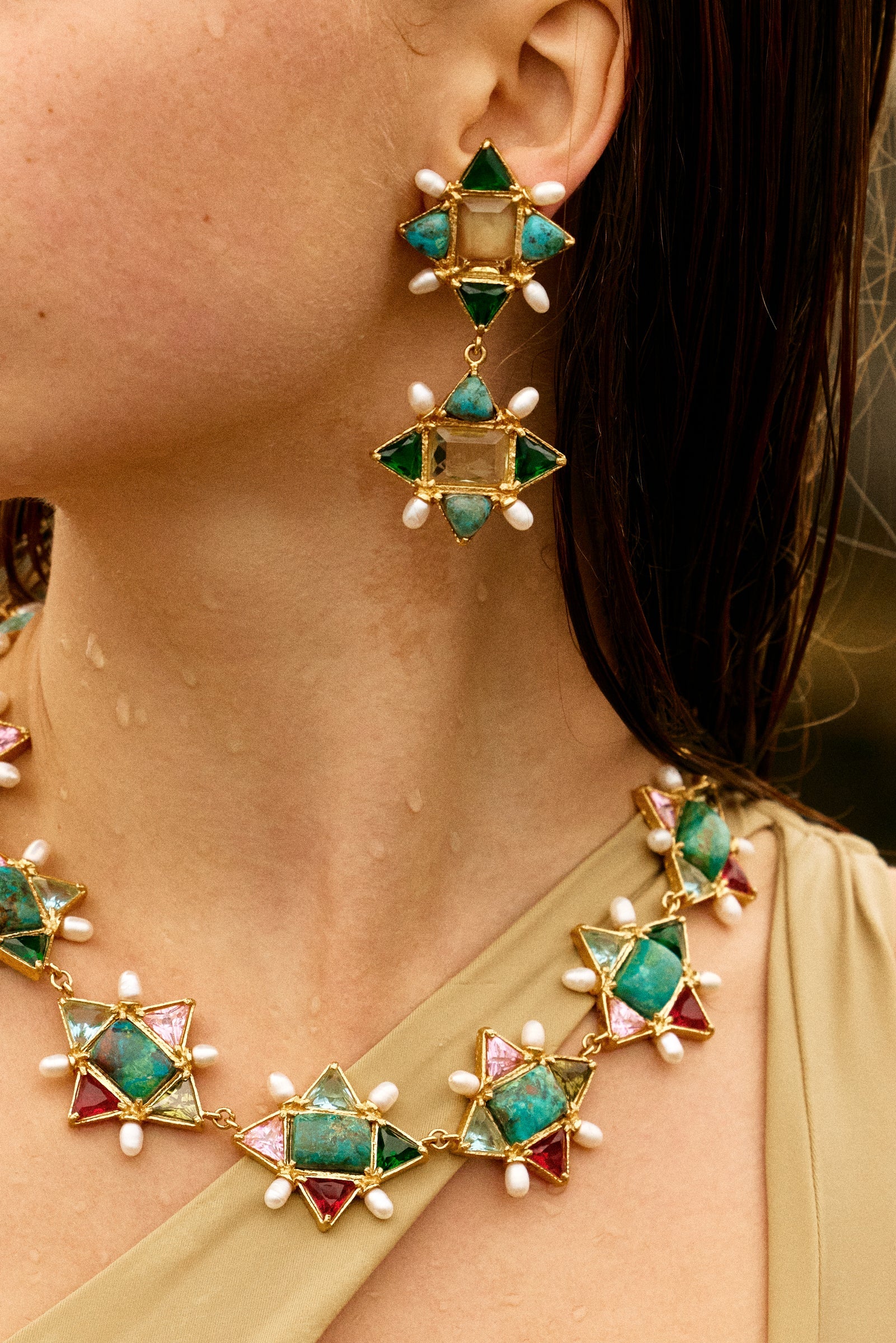 Christie Nicolaides Ariadne Earrings with multicoloured green, light green crystals, turquoise, pearl 24k gold plated