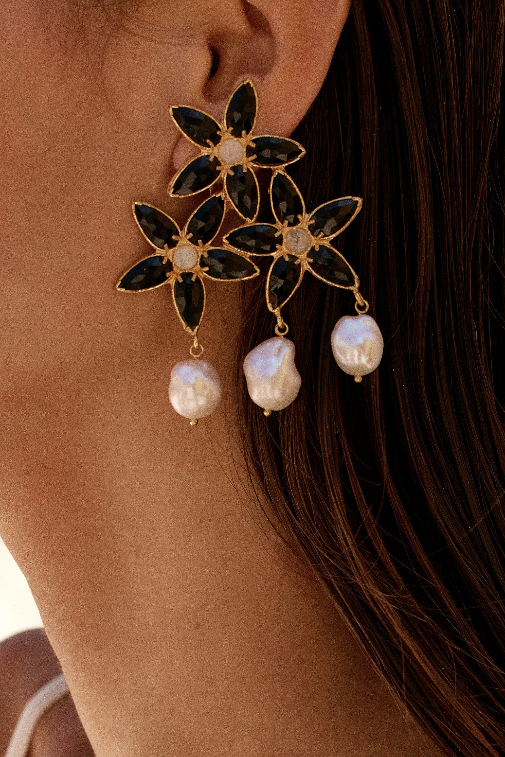 Christie Nicolaides Cleo statement drop earrings with black stones and baroque freshwater pearl, 24k gold plated brass