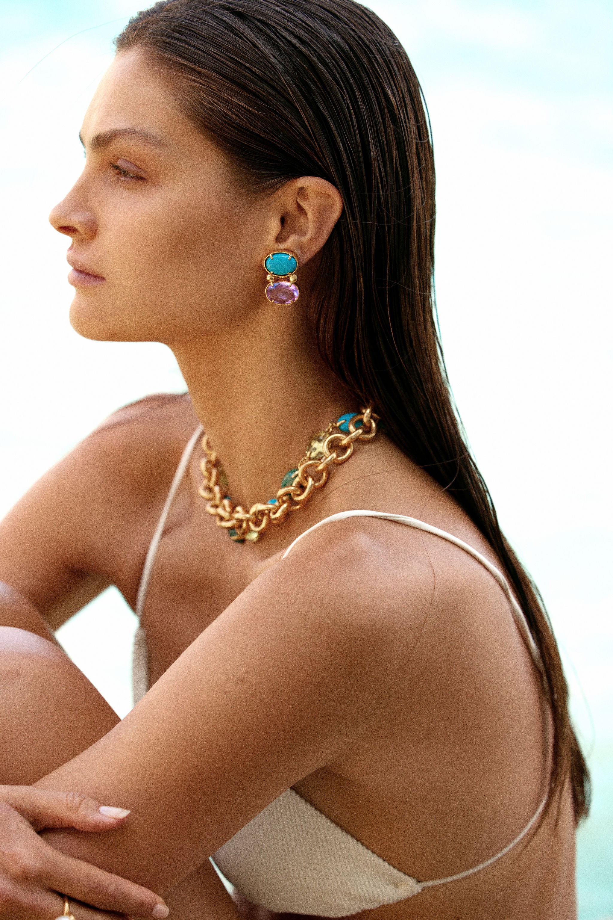 Christie Nicolaides Lolli statement stud earrings with pale purple and blue crystal stones, 24k gold plated brass