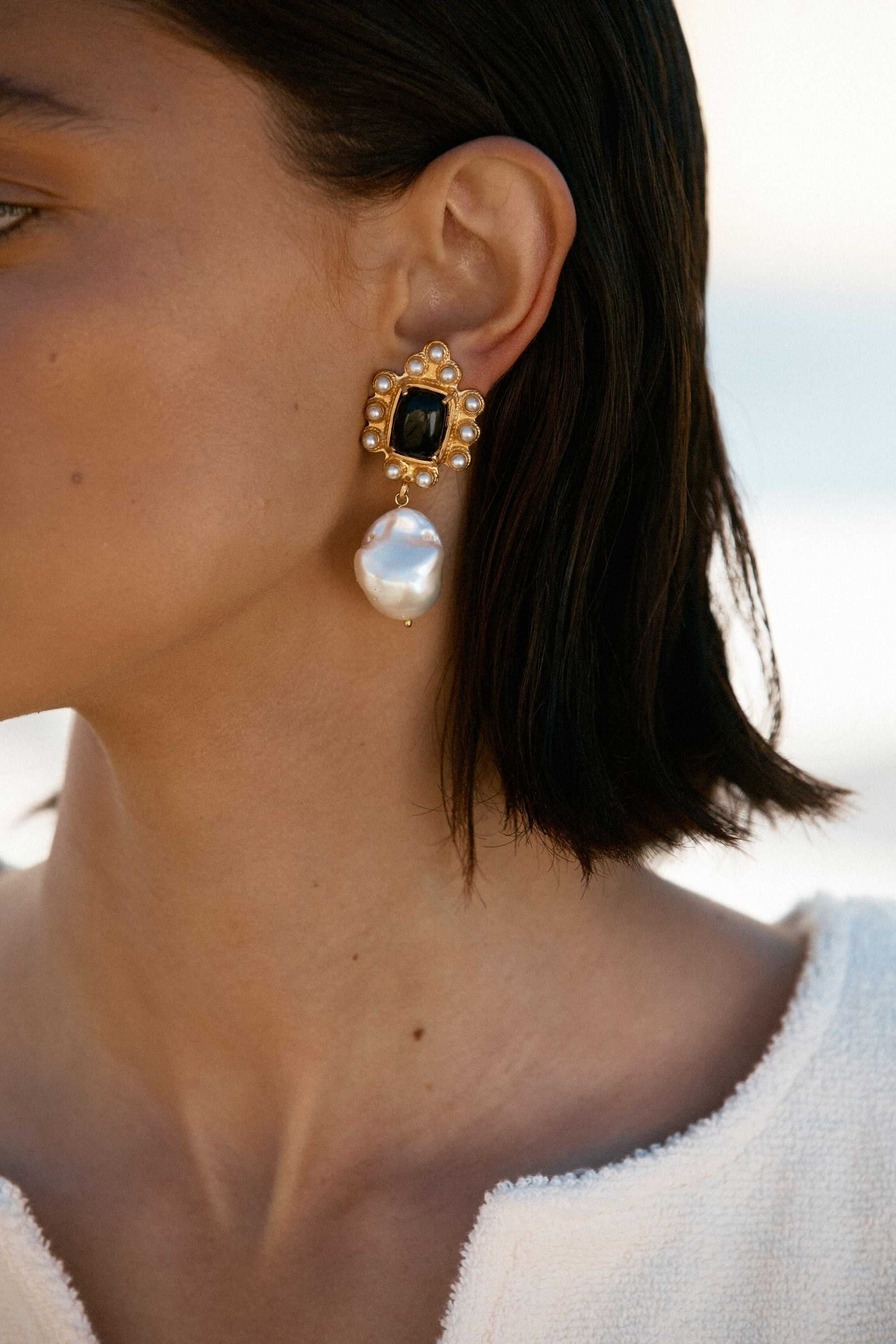 Luxury Designer Pearl Amalita Black Earrings by Christie Nicolaides