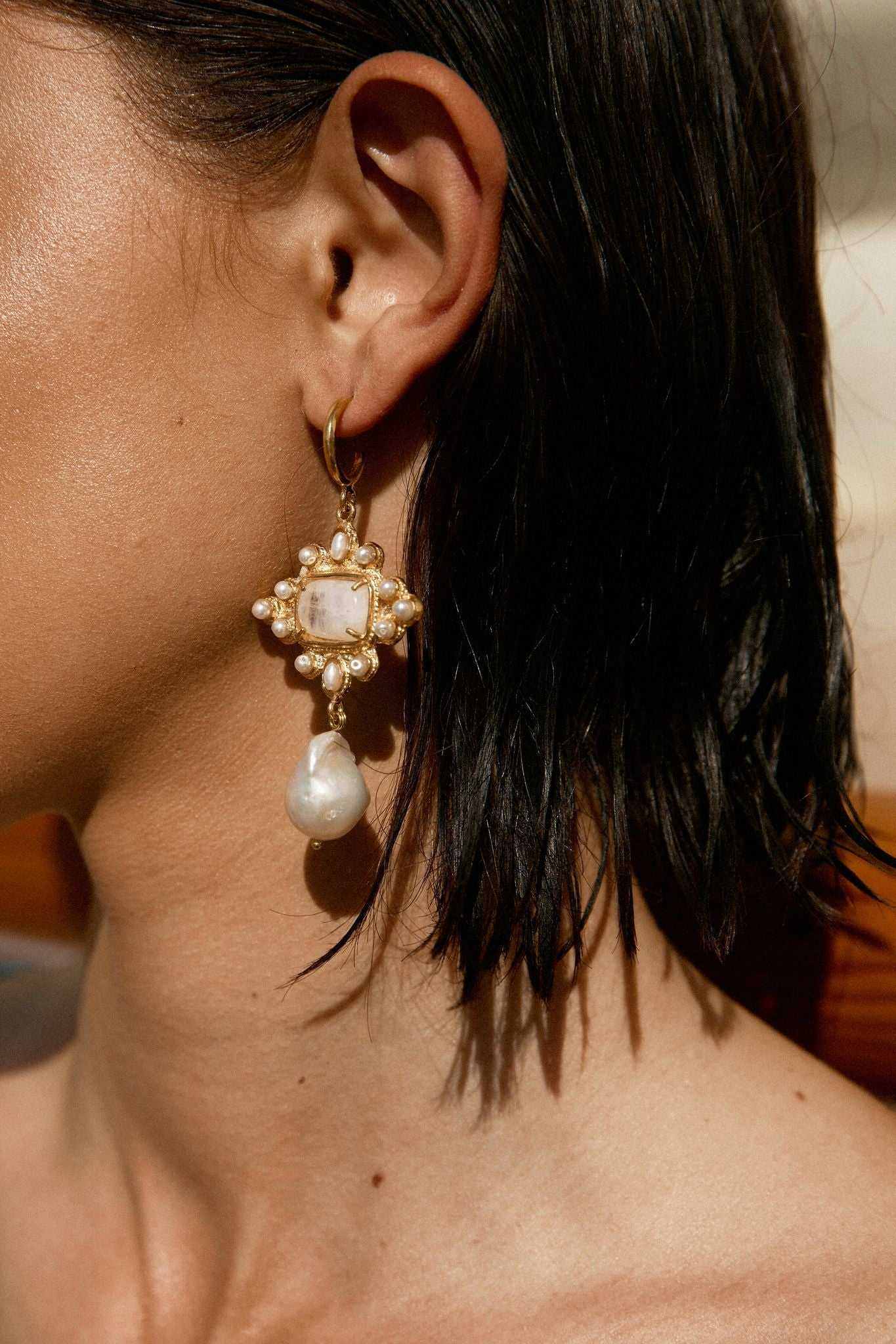 Designer Moonstone Pearl Luella Hoop Earrings by Christie Nicolaides