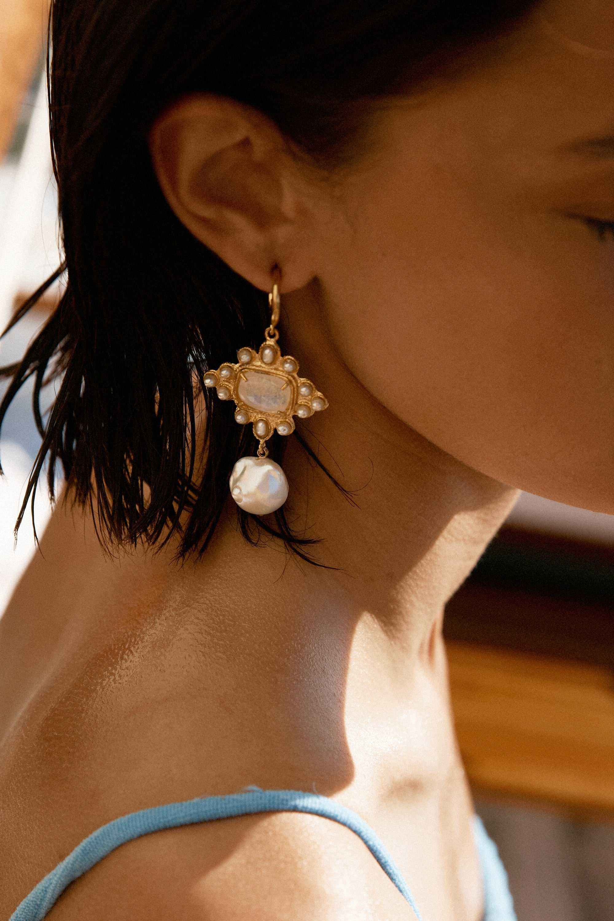 Designer Moonstone Pearl Luella Hoop Earrings by Christie Nicolaides