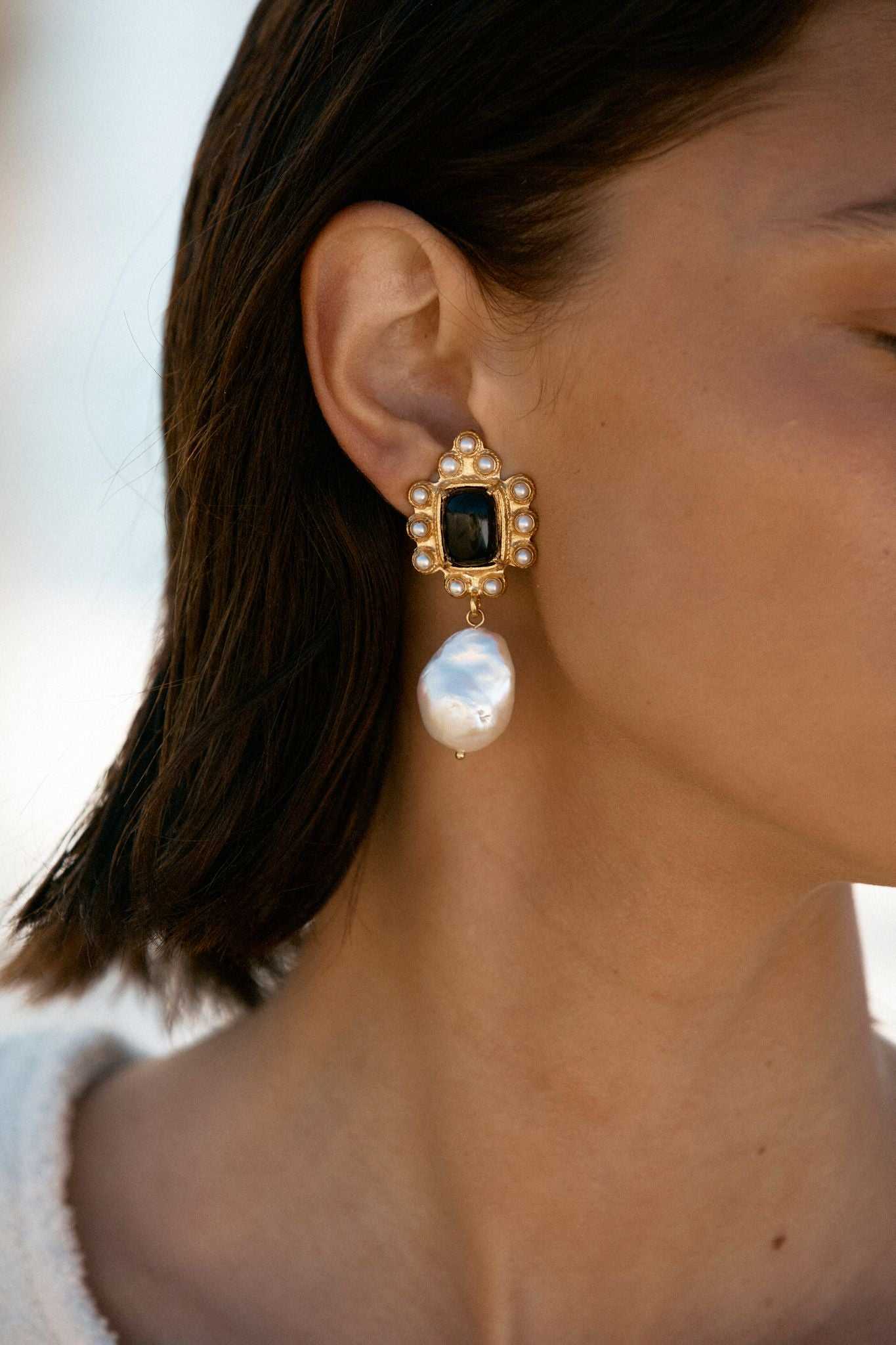 Luxury Designer Pearl Amalita Black Earrings by Christie Nicolaides