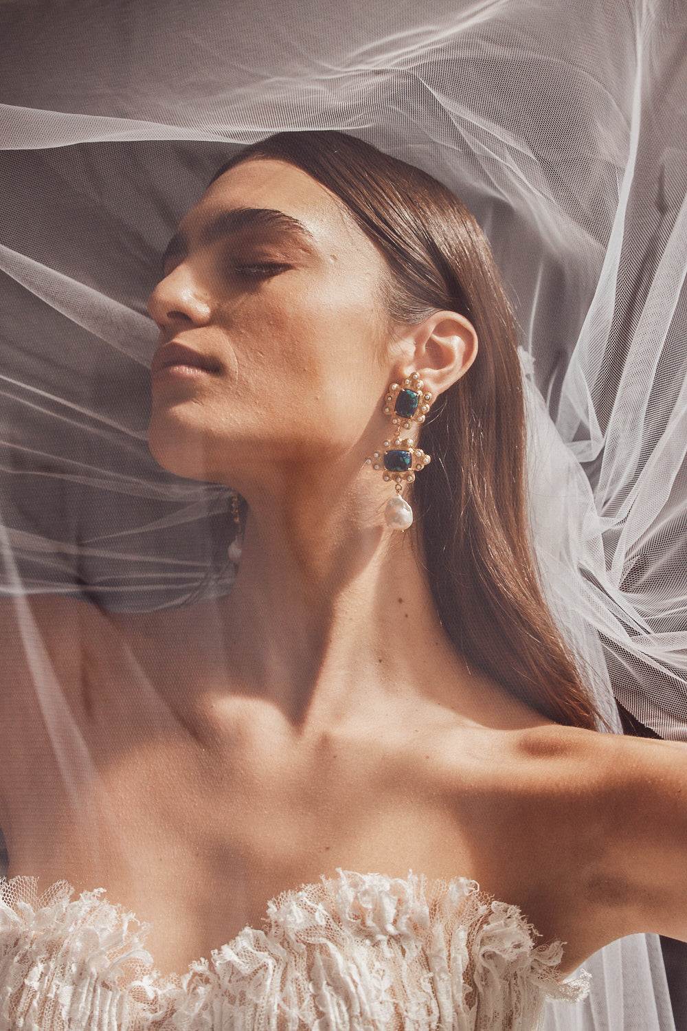 Luxury Designer Graciela Green & Blue Bridal Earrings by Christie Nicolaides