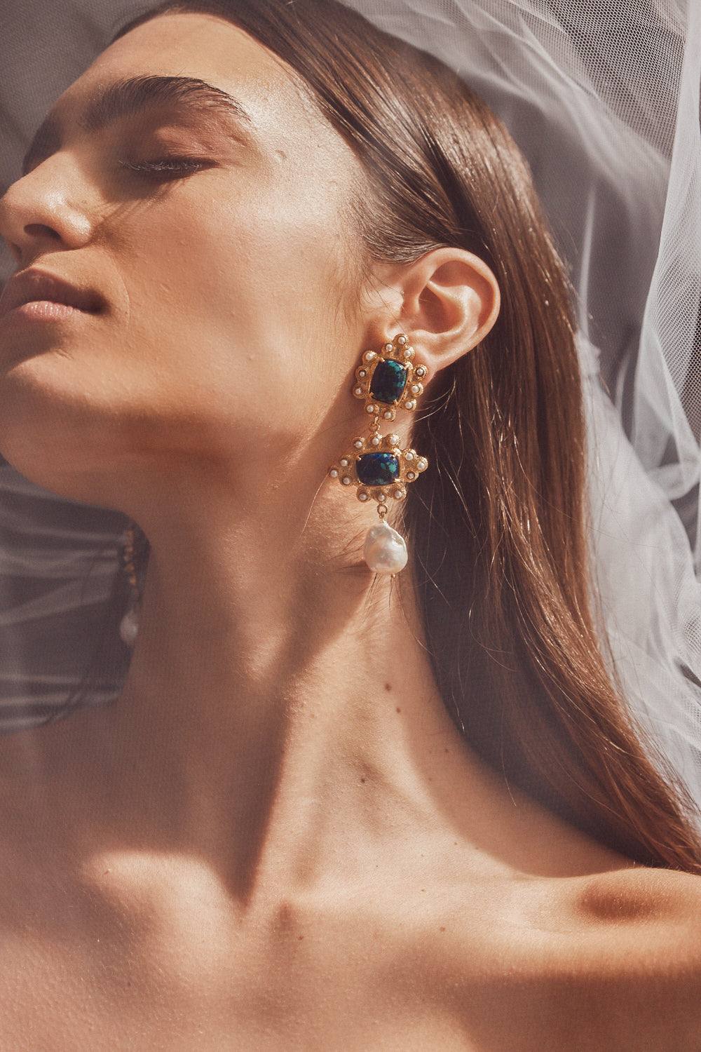 Luxury Designer Graciela Green & Blue Bridal Earrings by Christie Nicolaides