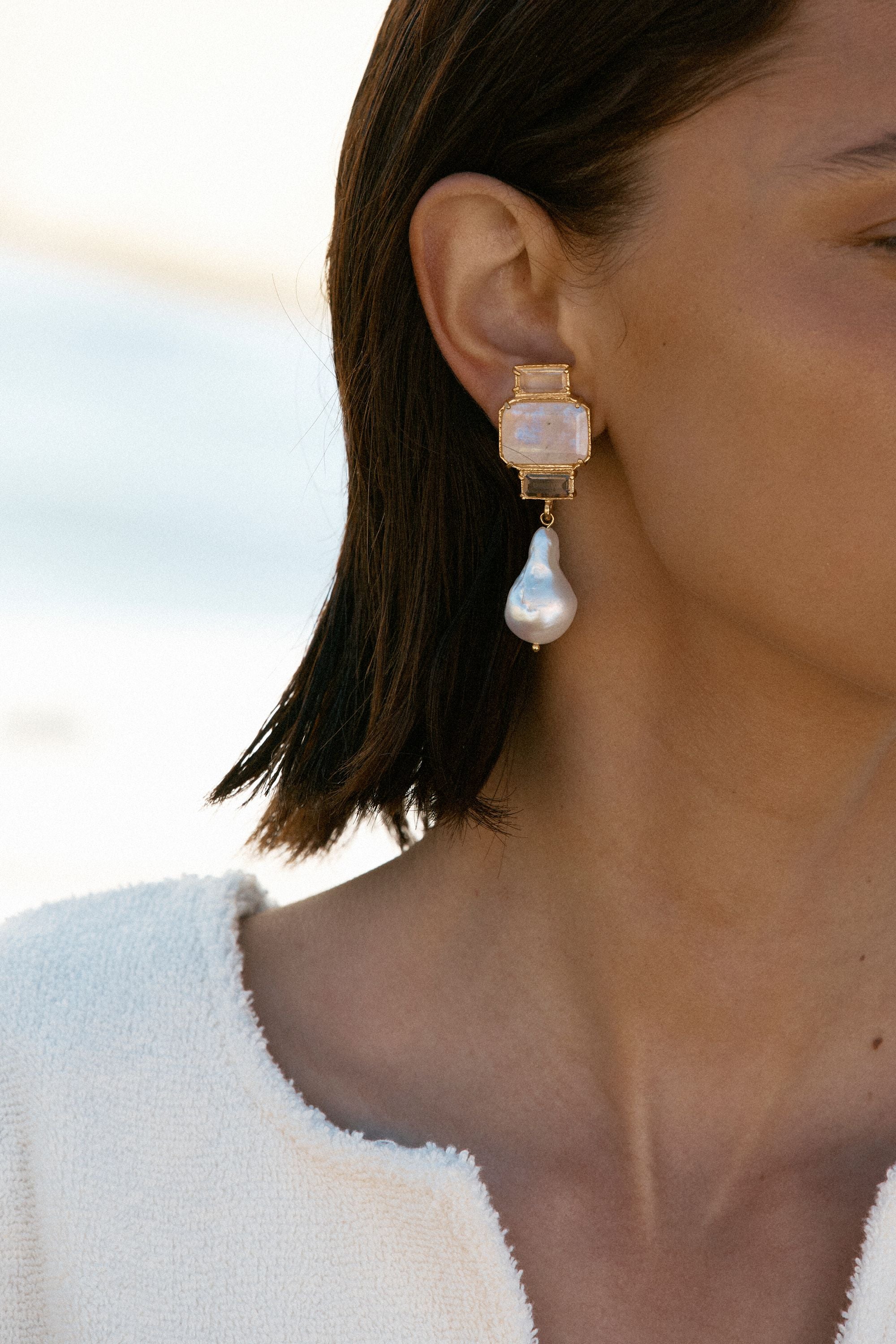 Designer White Moonstone Bambina Earrings by Christie Nicolaides