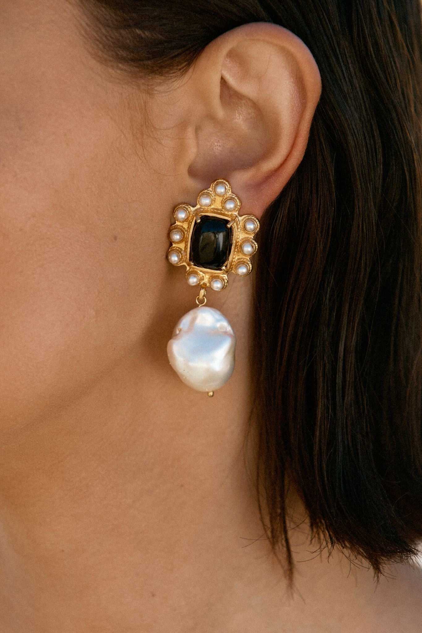 Luxury Designer Pearl Amalita Black Earrings by Christie Nicolaides
