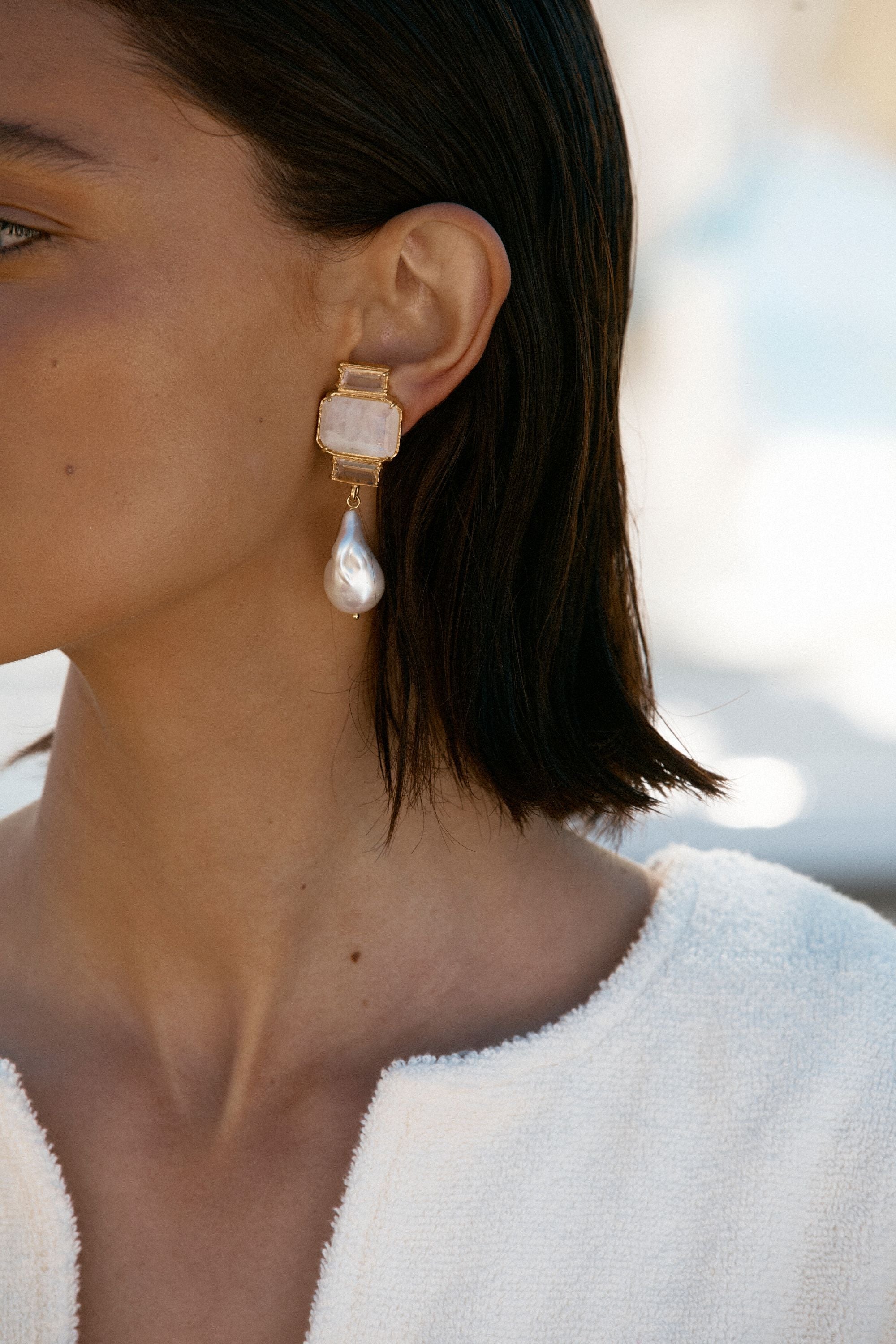 Designer White Moonstone Bambina Earrings by Christie Nicolaides