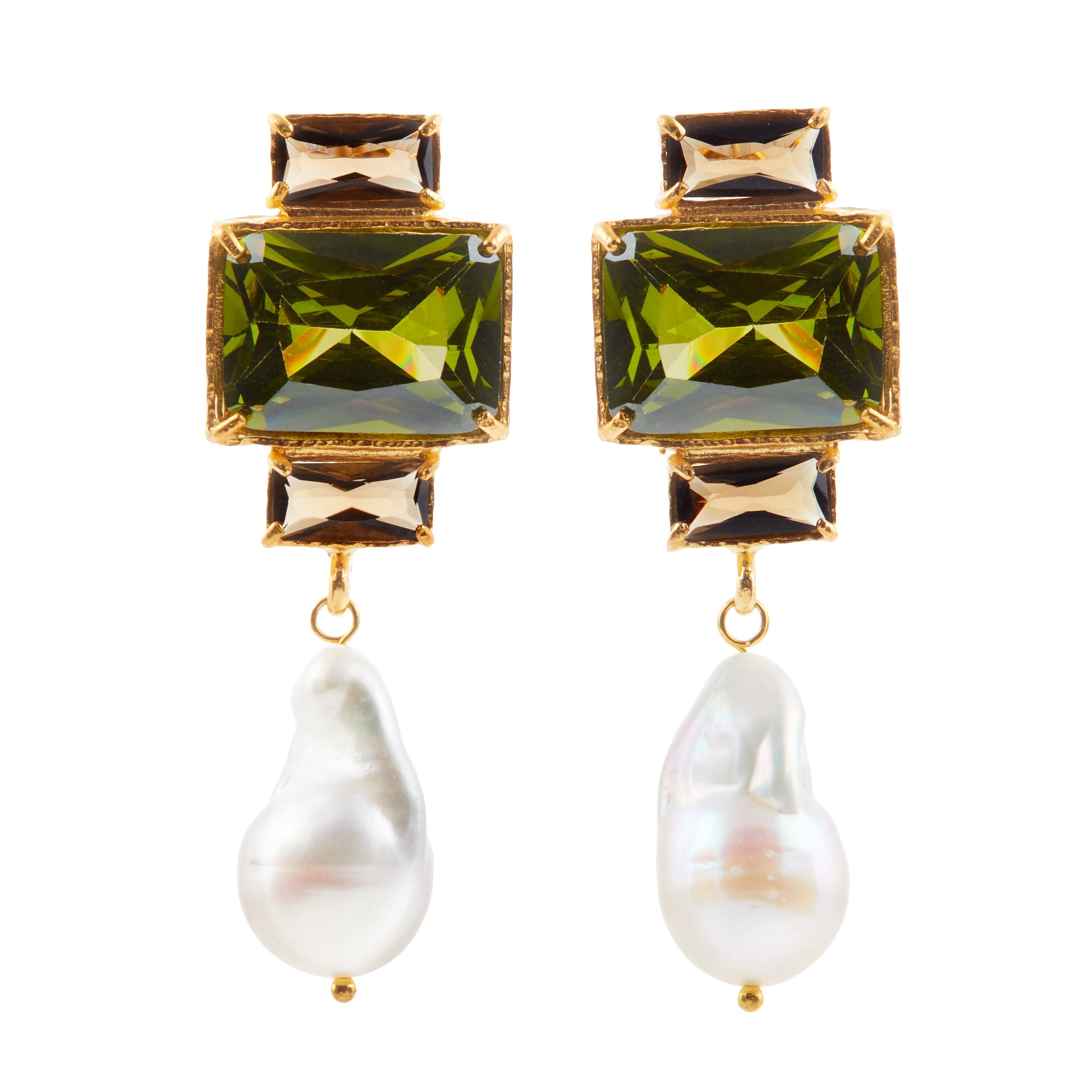 Christie Nicolaides Bambina Earrings, in Dark Green & brown crystals, 24k gold plated