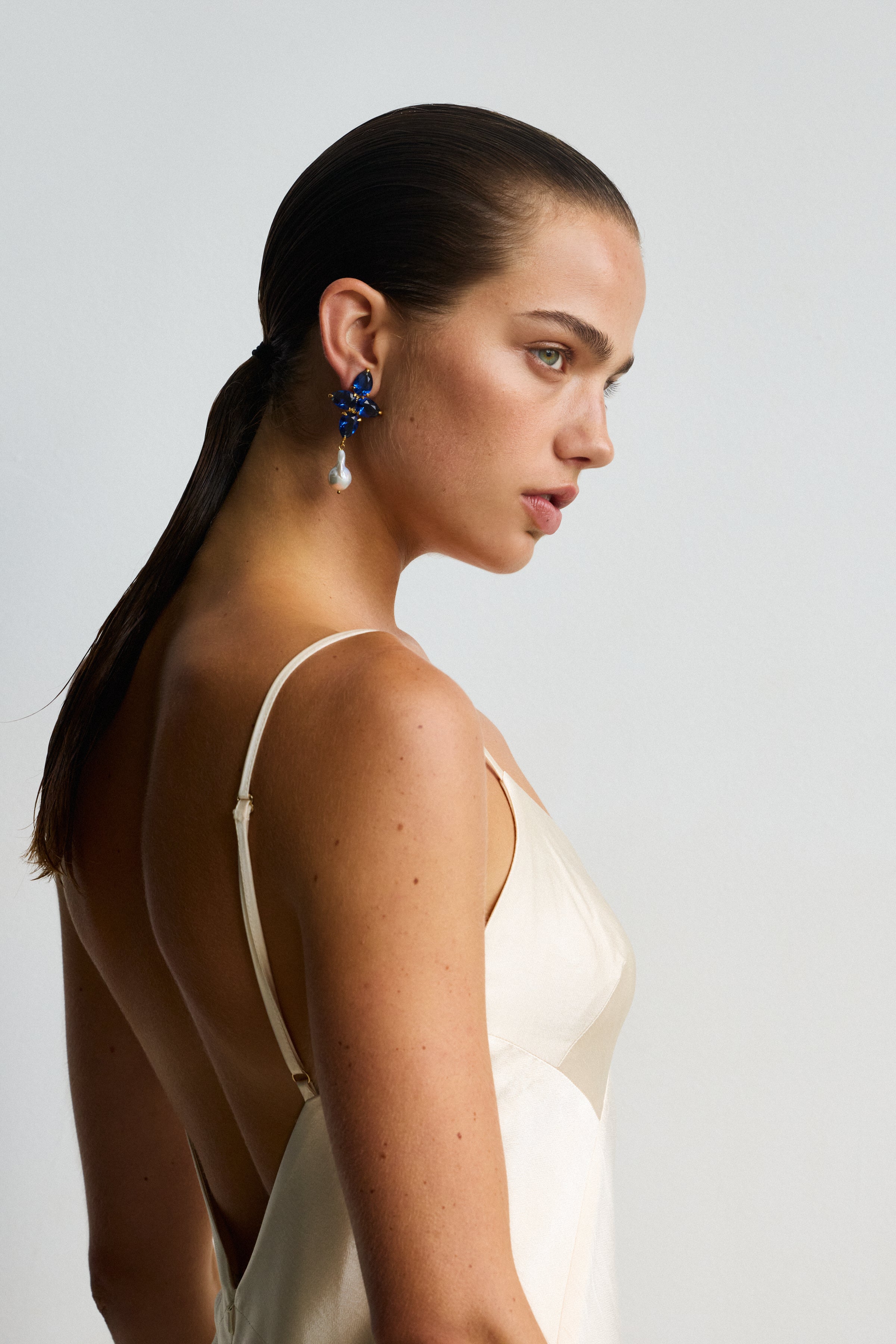 Designer Callio Blue Crystal Pearl Corss Earrings Christie Nicolaides