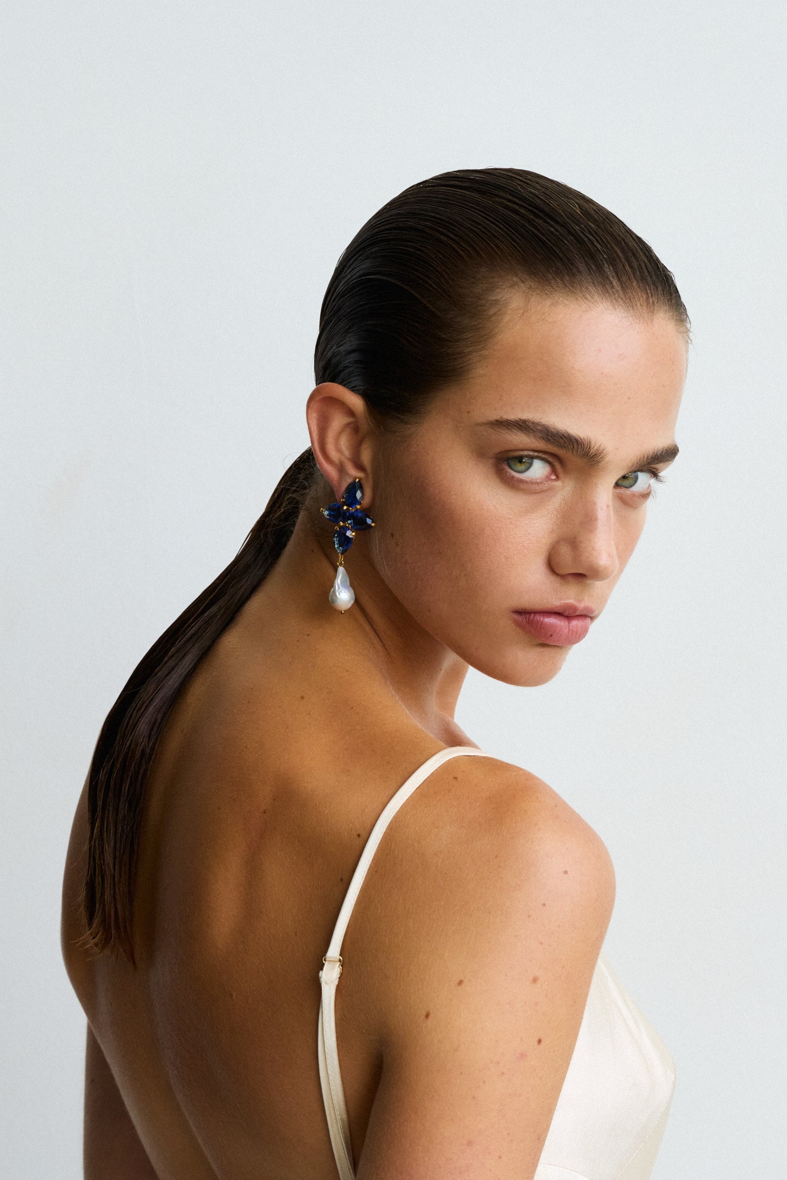 Designer Callio Blue Crystal Pearl Corss Earrings Christie Nicolaides