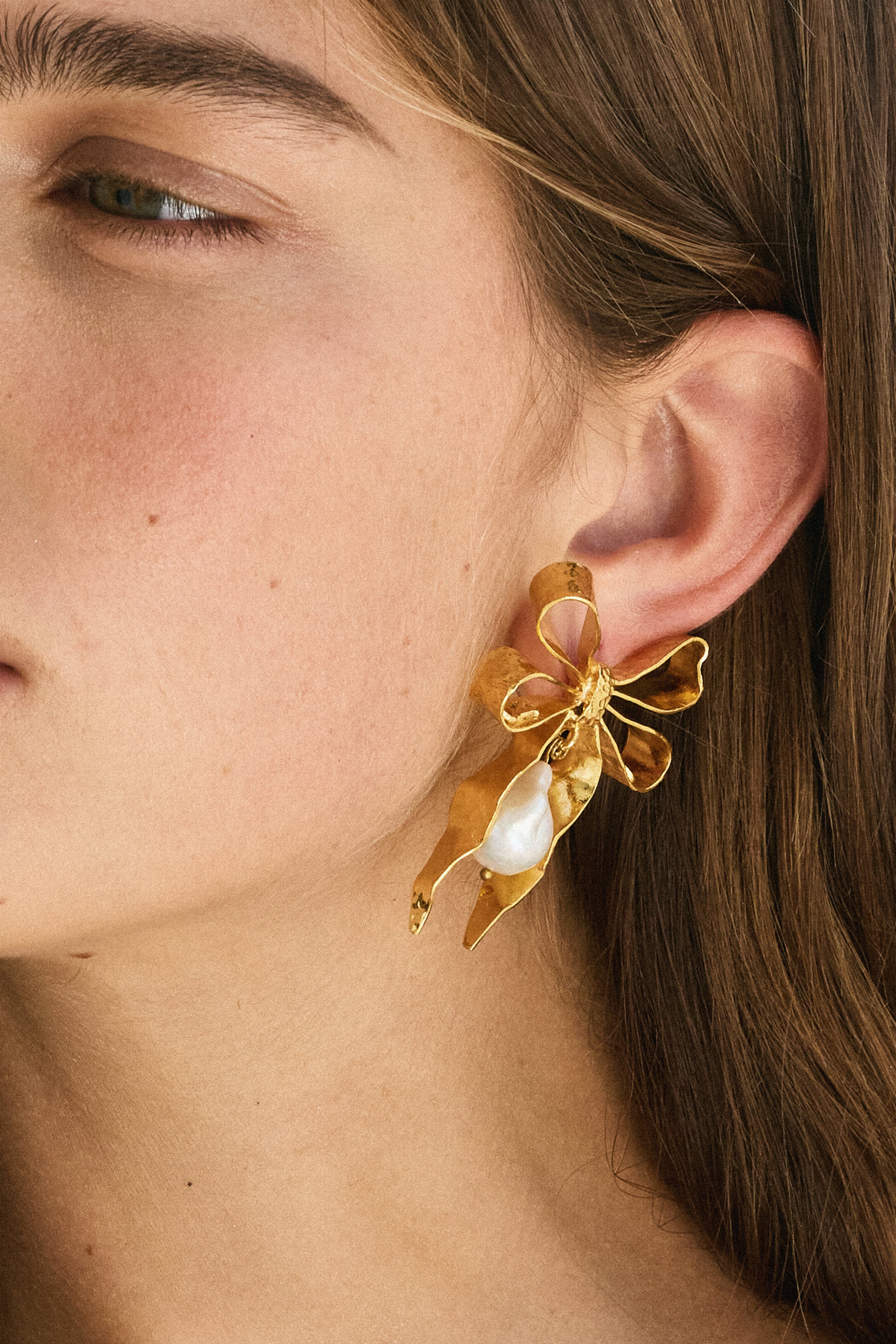 Luxury Designer Gold Bow Pearl Delina Earrings by Christie Nicolaides