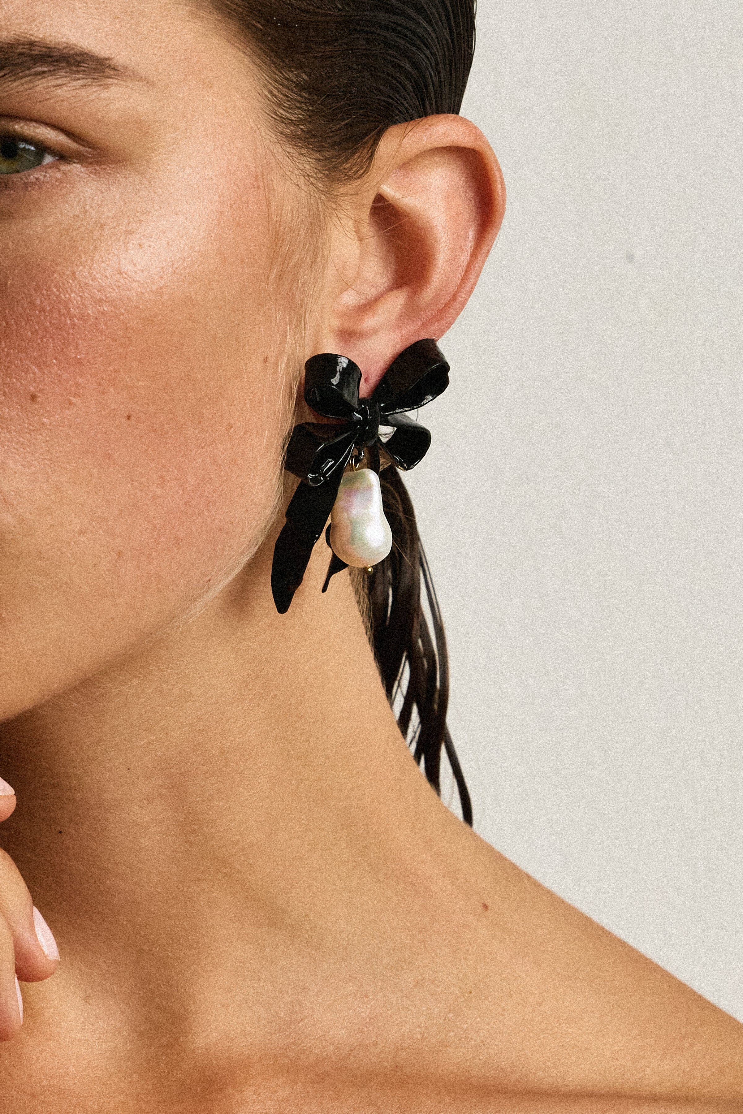 Luxury Designer Delina  Black Bow Pearl Earrings Christie Nicolaides