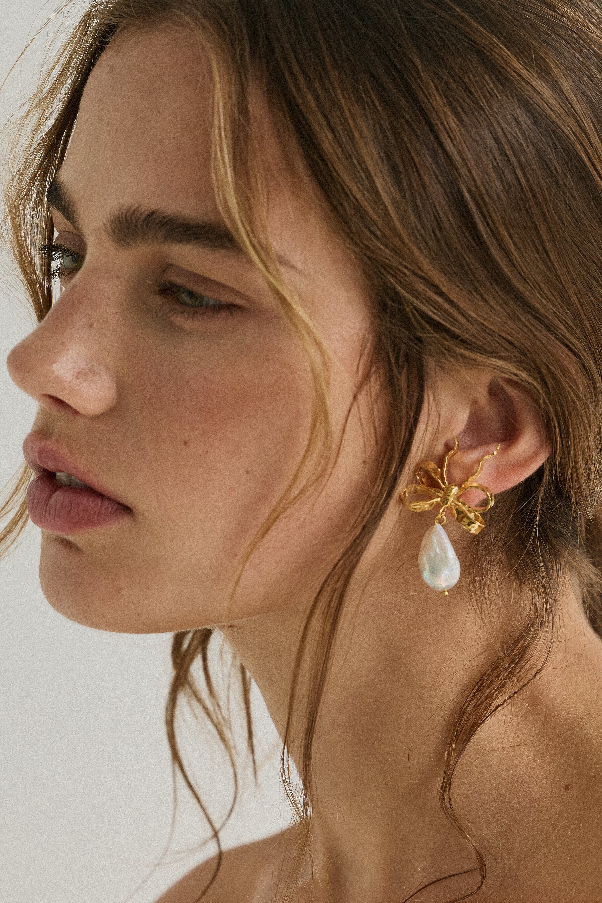 Luxury Designer Gold Bow Pearl Lucinda Earrings by Christie Nicolaides
