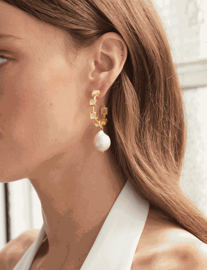 Luxury Designer Pearl Gold White Anita Hoops by Christie Nicolaides