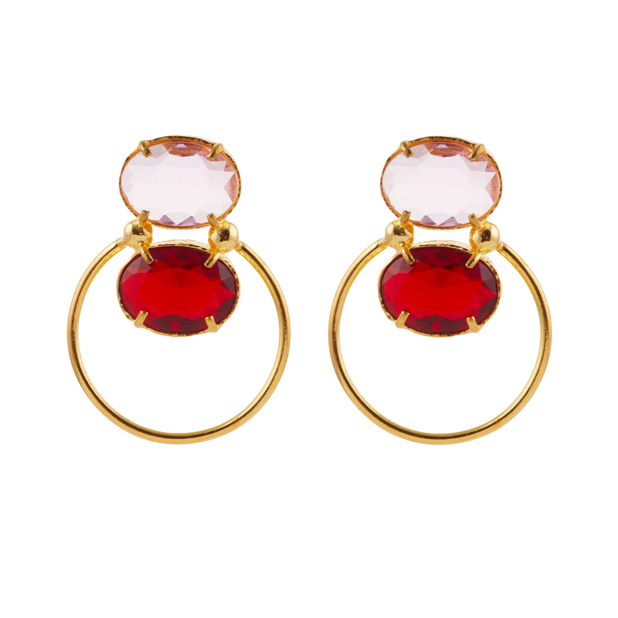 Christie Nicolaides Avertine earrings with pale pink and red stones, 24k gold plated