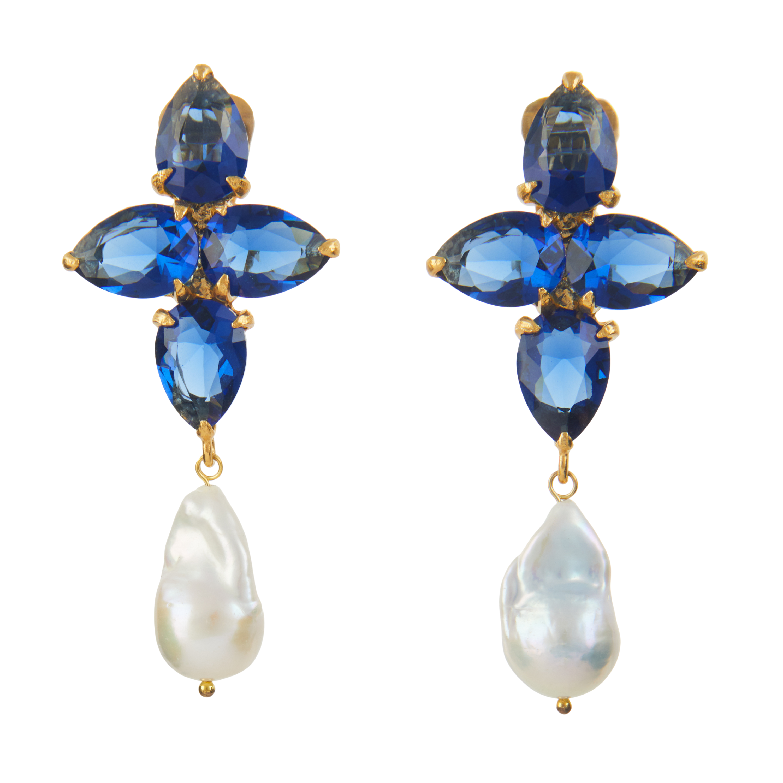 Designer Callio Blue Crystal Pearl Corss Earrings Christie Nicolaides